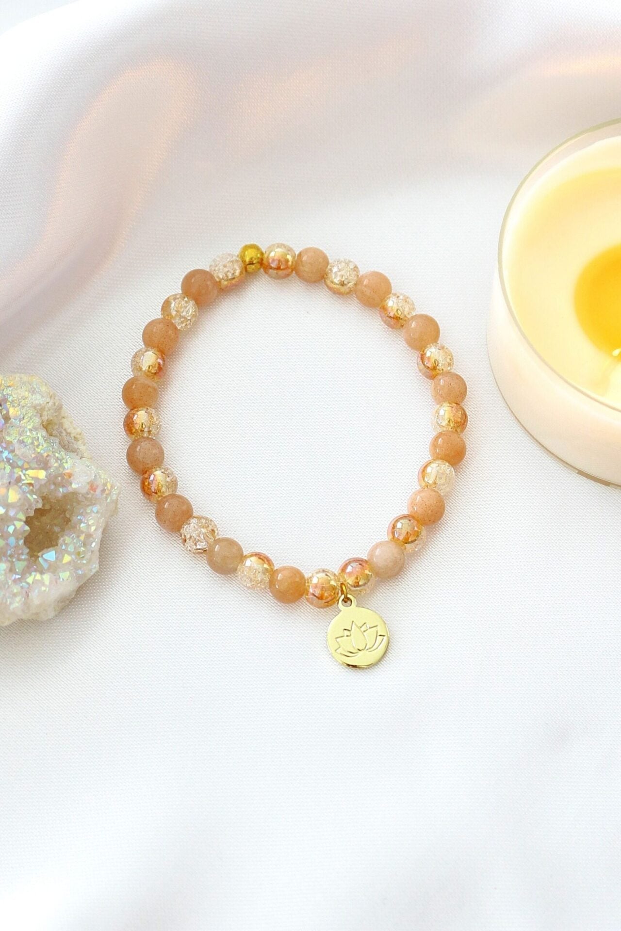 Sunstone Elastic Bracelet | 24K Lotus Flower Charm